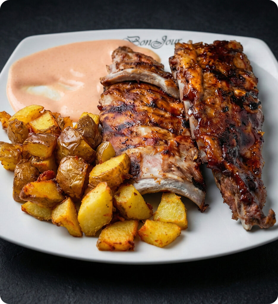 Coaste de porc cu sos rosa si cartofi copti